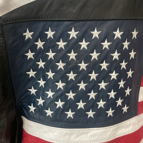 Vintage USA American Flag Black Leather Bomber Jacket Biker Motorcycle size M - Picture 7 of 17
